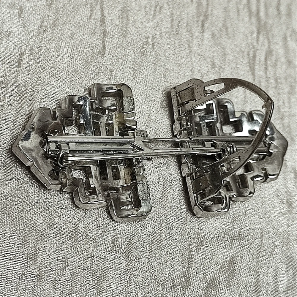 Duette Large Silver Tone Vintage Brooch Paste Stones Rhinestones 1940's *FLAWED*